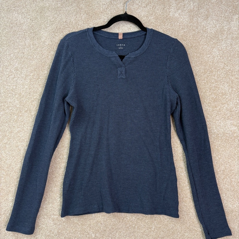 LUNYA Restore Thermal Long Sleeve Top Womens Large Blue Pima Cotton Sleep Pajama